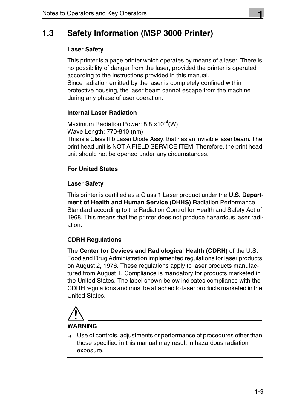 3 safety information (msp 3000 printer), Laser safety, Internal laser radiation | For united states, Cdrh regulations, Safety information (msp 3000 printer) -9 | Konica Minolta MS7000 MKII User Manual | Page 23 / 154