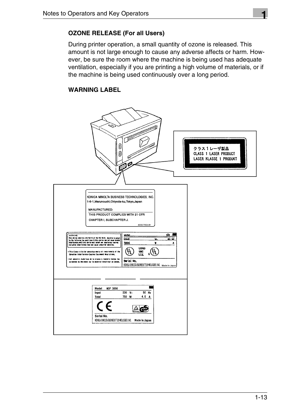 Ozone release (for all users), Warning label | Konica Minolta MS7000 MKII User Manual | Page 27 / 154