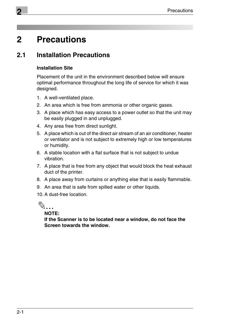 2 precautions, 1 installation precautions, Installation site | Precautions, Installation precautions -1, Installation site -1, 2precautions | Konica Minolta MS7000 MKII User Manual | Page 28 / 154