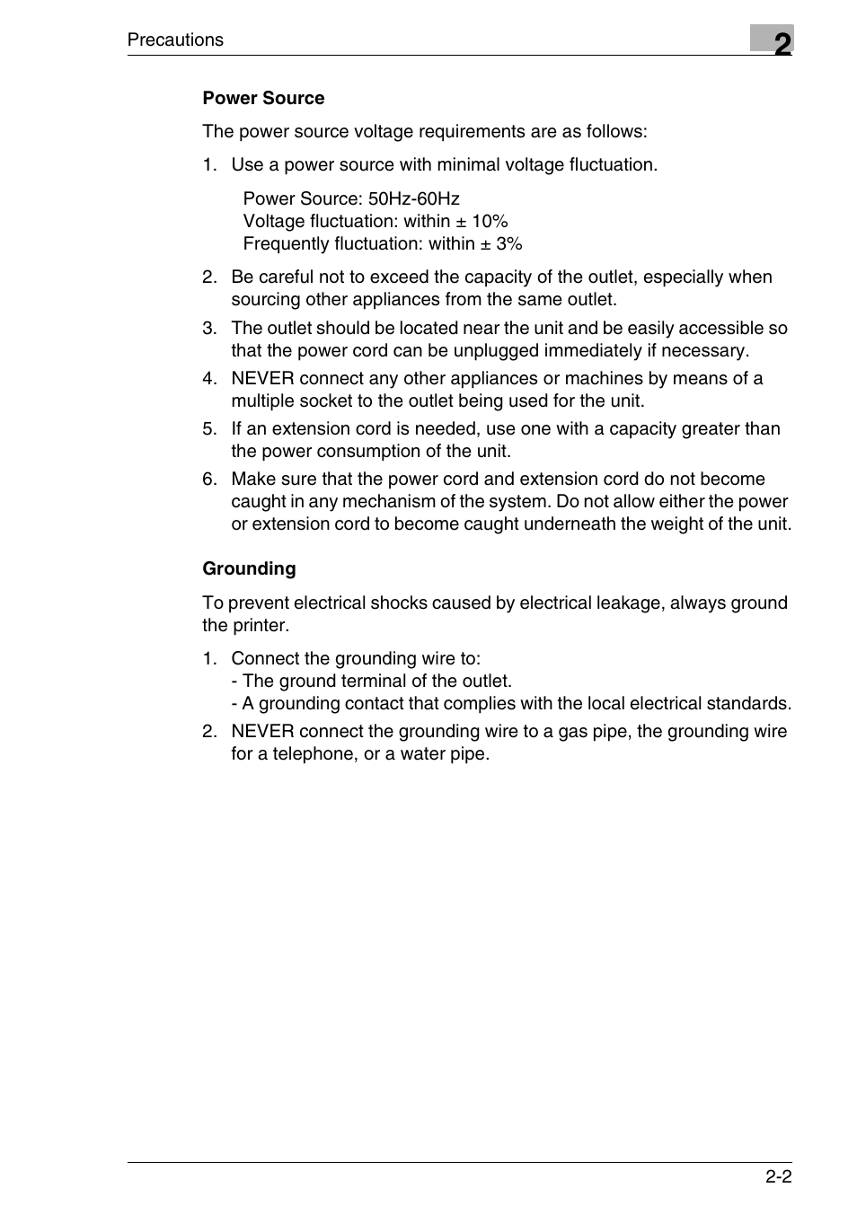 Power source, Grounding, Power source -2 grounding -2 | Konica Minolta MS7000 MKII User Manual | Page 29 / 154