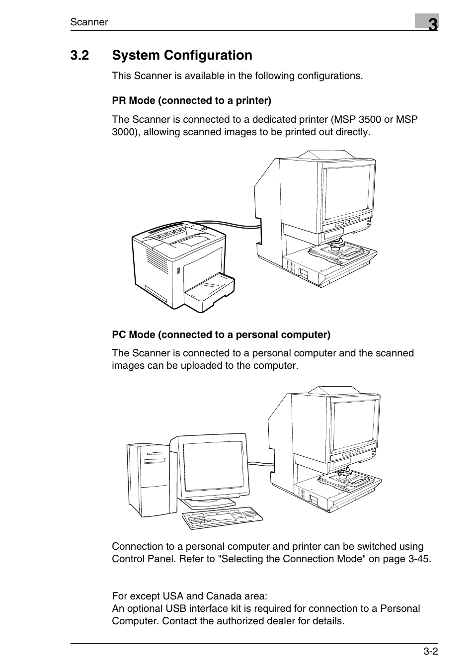 2 system configuration, Pr mode (connected to a printer), Pc mode (connected to a personal computer) | System configuration -2 | Konica Minolta MS7000 MKII User Manual | Page 35 / 154