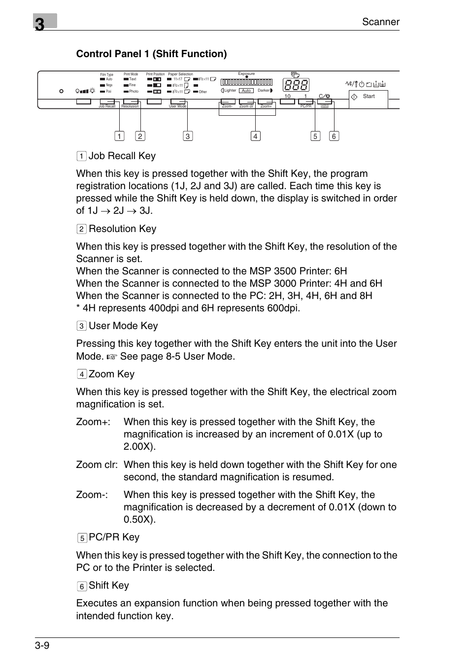 Control panel 1 (shift function), Control panel 1 (shift function) -9, Scanner 3-9 control panel 1 (shift function) | See pag e 8-5 user mode | Konica Minolta MS7000 MKII User Manual | Page 42 / 154