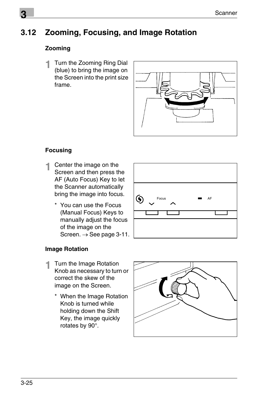 12 zooming, focusing, and image rotation, Zooming, Focusing | Image rotation, 12 zooming, focusing, and image rotation -25, Zooming -25 focusing -25 image rotation -25 | Konica Minolta MS7000 MKII User Manual | Page 58 / 154