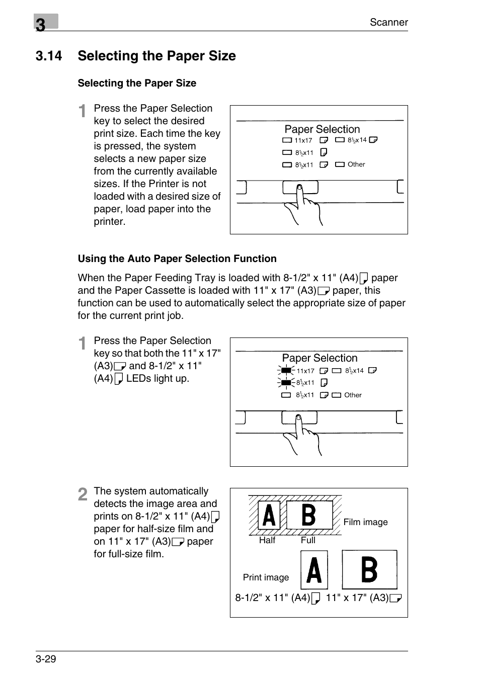 14 selecting the paper size, Selecting the paper size, Using the auto paper selection function | 14 selecting the paper size -29, Ge 3-29 | Konica Minolta MS7000 MKII User Manual | Page 62 / 154