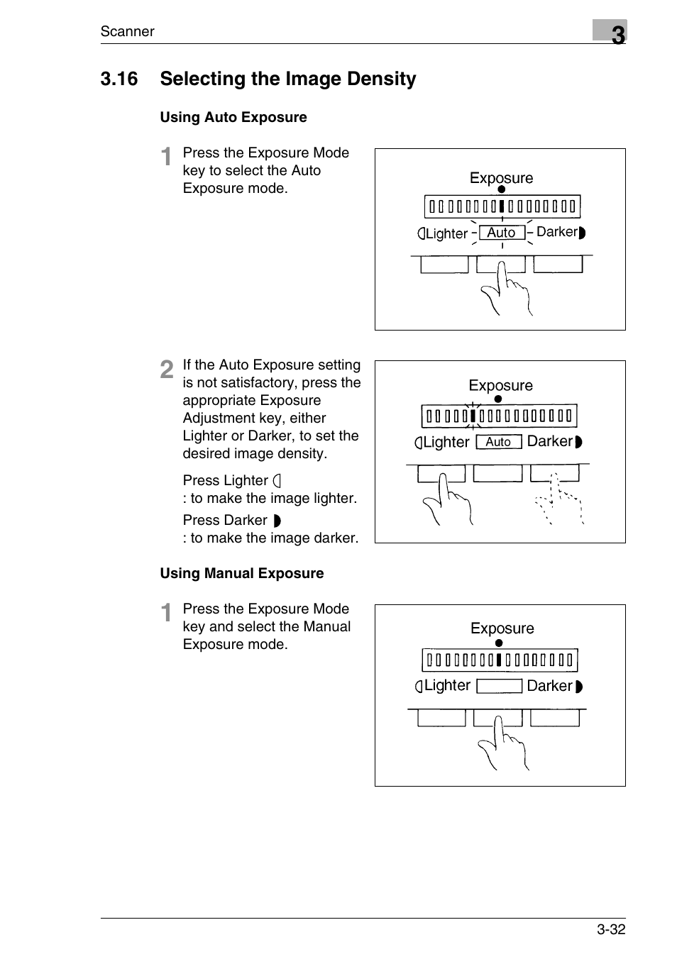 16 selecting the image density, Using auto exposure, Using manual exposure | 16 selecting the image density -32, Using auto exposure -32 using manual exposure -32, Age 3-32 | Konica Minolta MS7000 MKII User Manual | Page 65 / 154