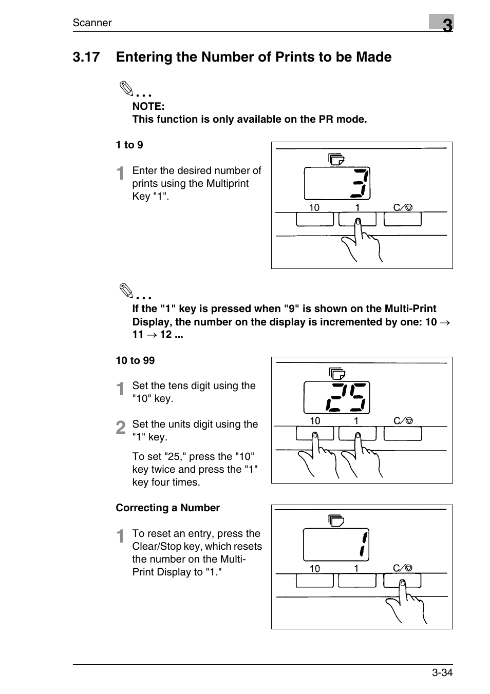 17 entering the number of prints to be made, 1 to 9, 10 to 99 | Correcting a number, 17 entering the number of prints to be made -34, 1 to 9 -34 10 to 99 -34 correcting a number -34 | Konica Minolta MS7000 MKII User Manual | Page 67 / 154