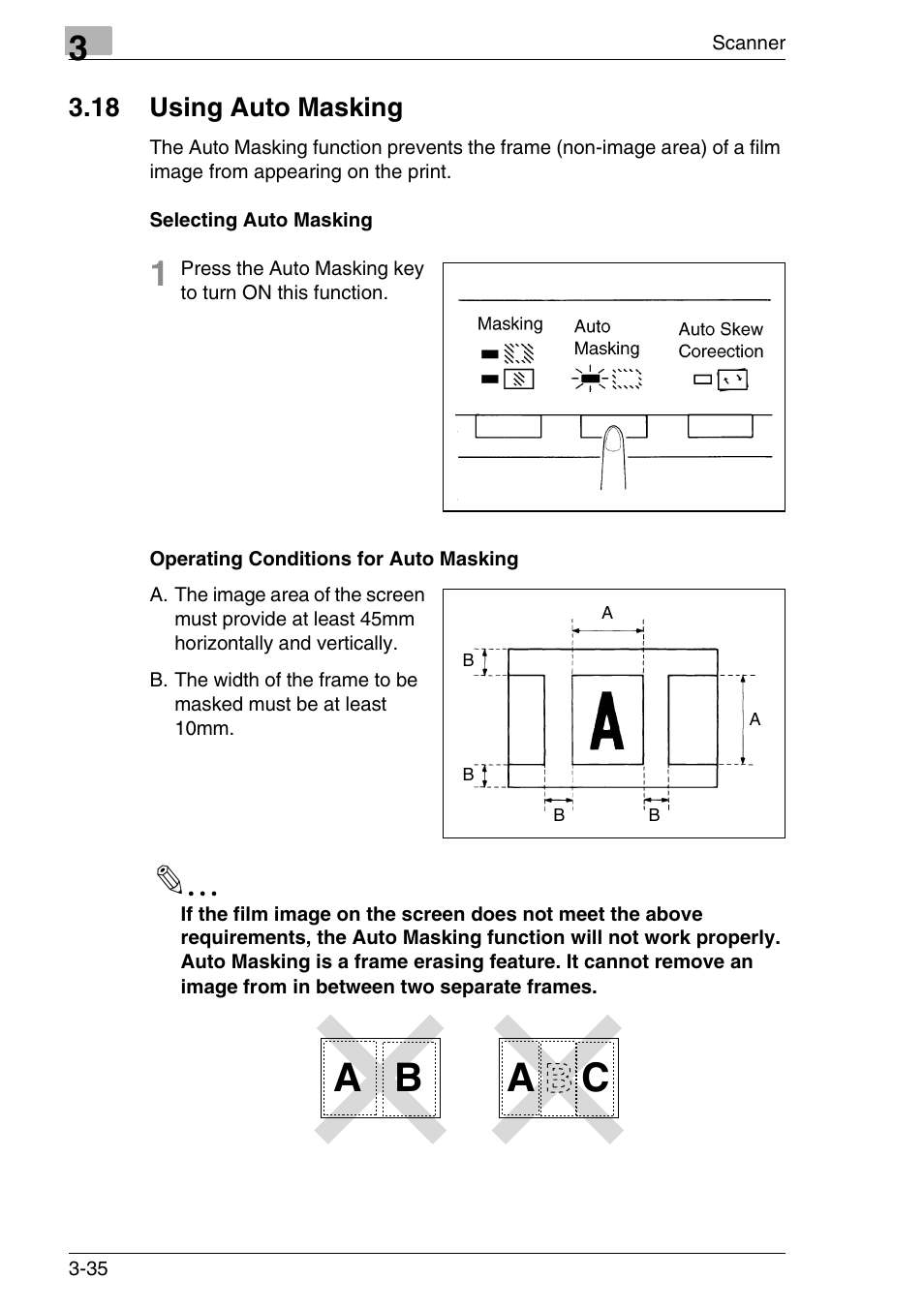 18 using auto masking, Selecting auto masking, Operating conditions for auto masking | 18 using auto masking -35, E 3-35, A b a c | Konica Minolta MS7000 MKII User Manual | Page 68 / 154
