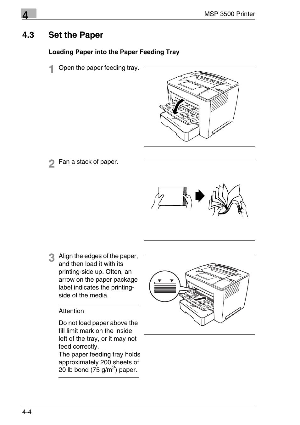 3 set the paper, Loading paper into the paper feeding tray, Set the paper -4 | Loading paper into the paper feeding tray -4 | Konica Minolta MS7000 MKII User Manual | Page 92 / 154