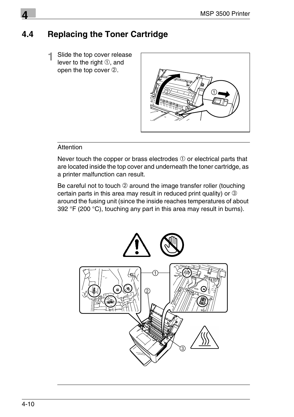 4 replacing the toner cartridge, Replacing the toner cartridge -10 | Konica Minolta MS7000 MKII User Manual | Page 98 / 154