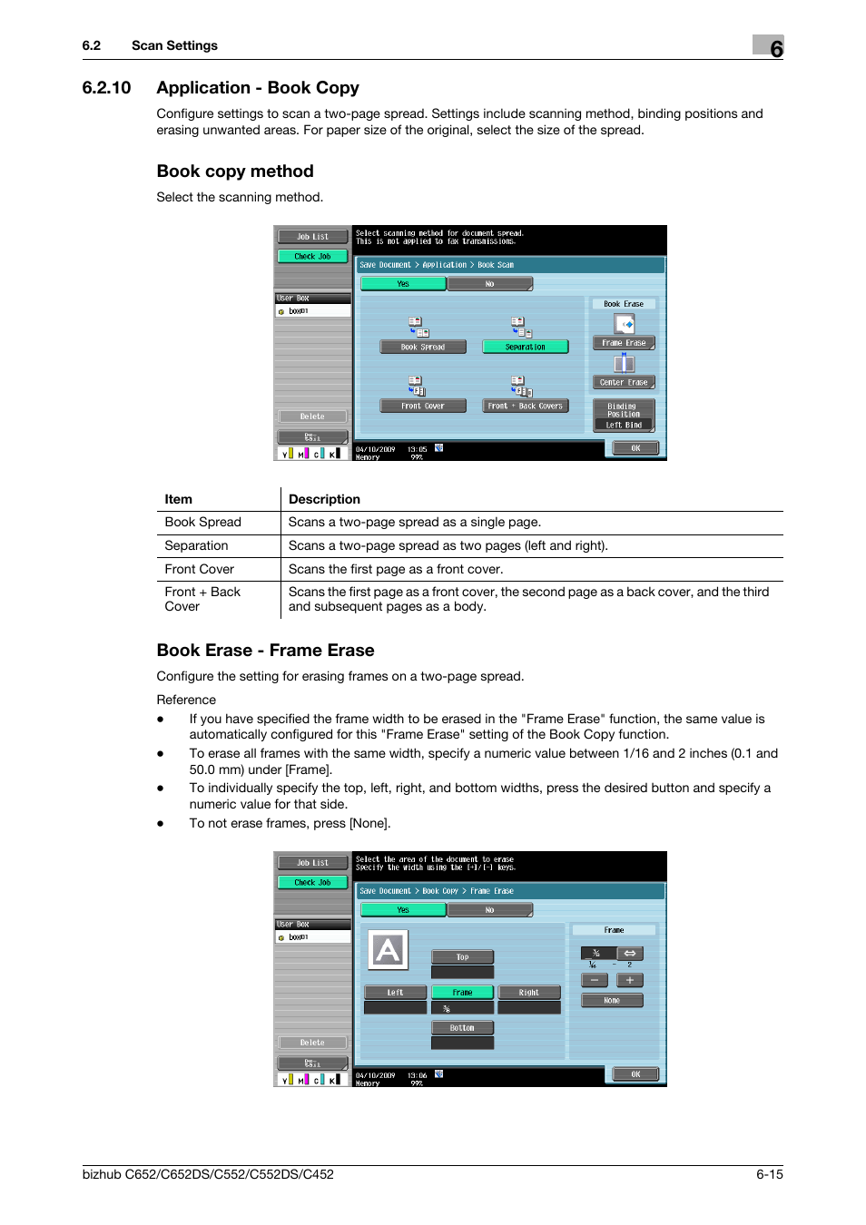 10 application - book copy, Book copy method, Book erase - frame erase | P. 6-15) | Konica Minolta BIZHUB C652DS User Manual | Page 101 / 300