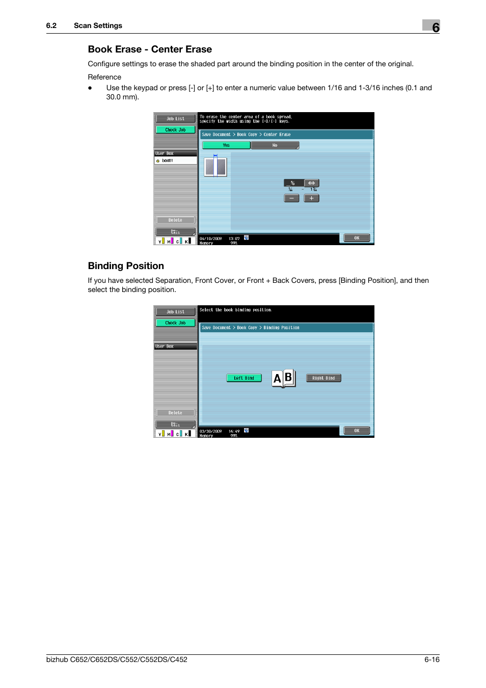 Book erase - center erase, Binding position, Book erase - center erase -16 binding position -16 | Konica Minolta BIZHUB C652DS User Manual | Page 102 / 300