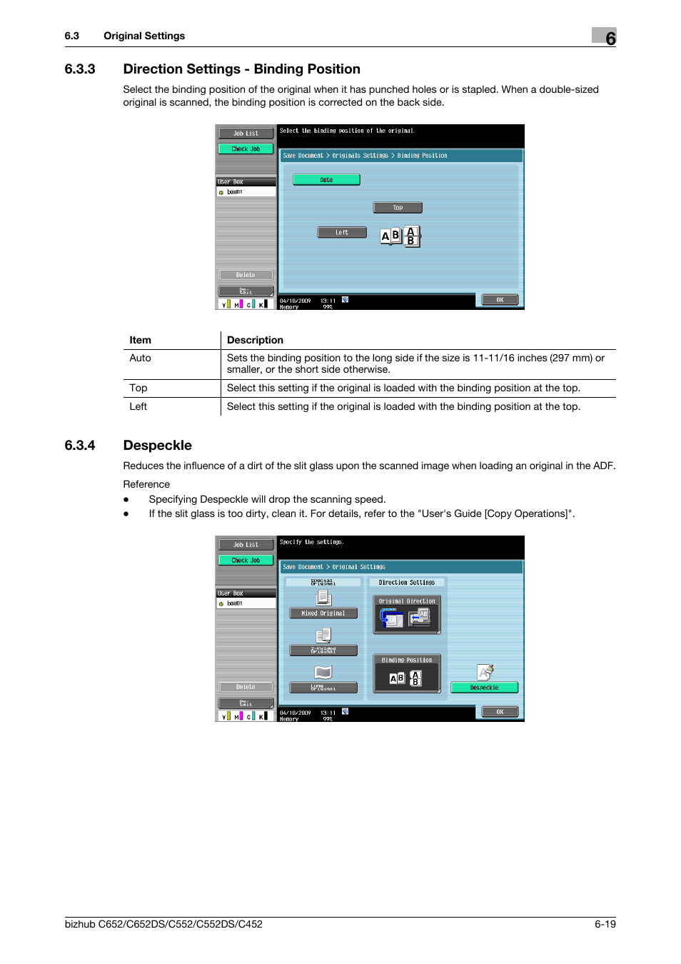 3 direction settings - binding position, 4 despeckle, Direction settings - binding position -19 | Despeckle -19, P. 6-19), Despeckle (p. 6-19) | Konica Minolta BIZHUB C652DS User Manual | Page 105 / 300