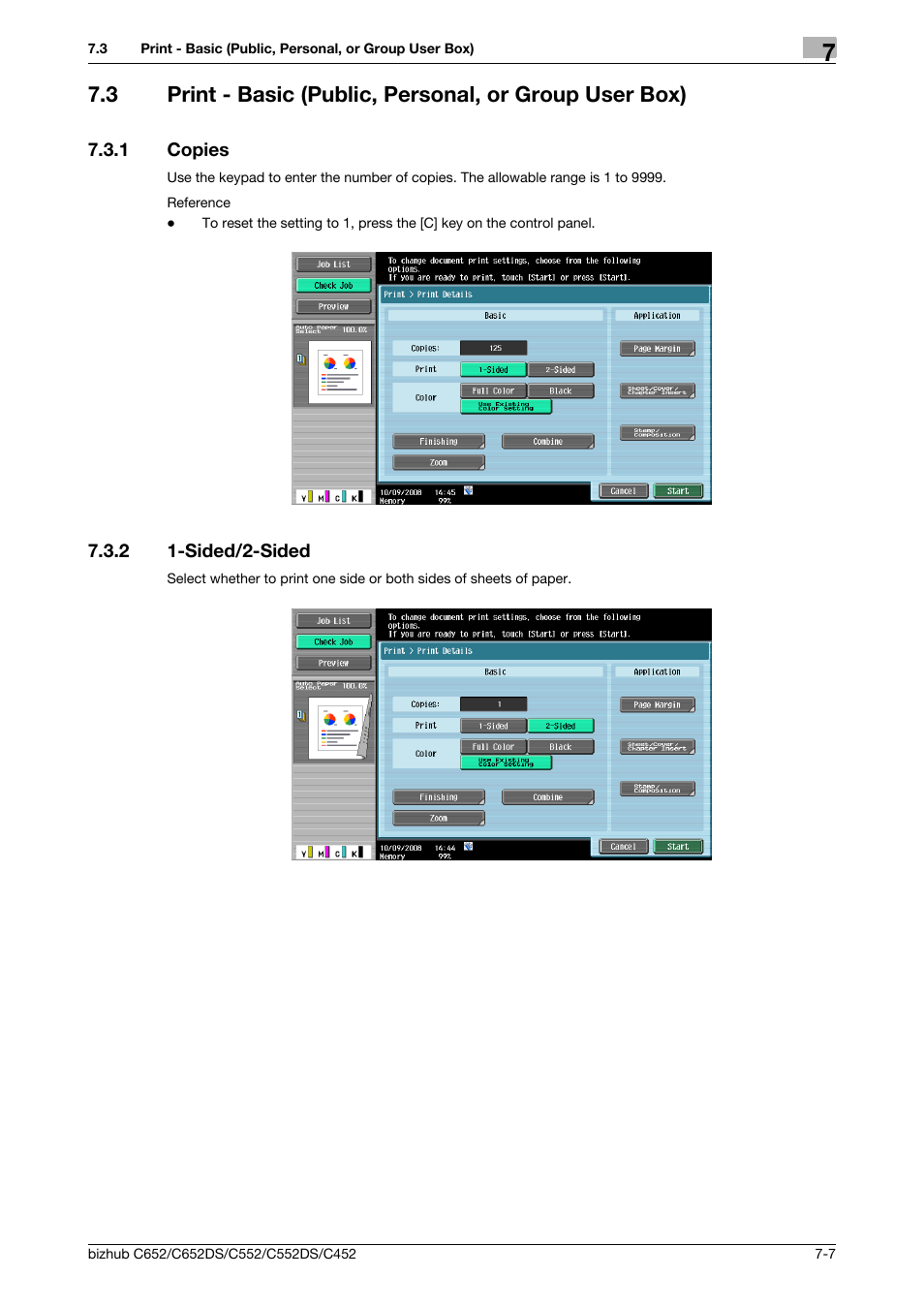 1 copies, 2 1-sided/2-sided, Copies -7 | Sided/2-sided -7, P. 7-7, Ies (p. 7-7), T (p. 7-7), Es (p. 7-7), P. 7-7) | Konica Minolta BIZHUB C652DS User Manual | Page 112 / 300