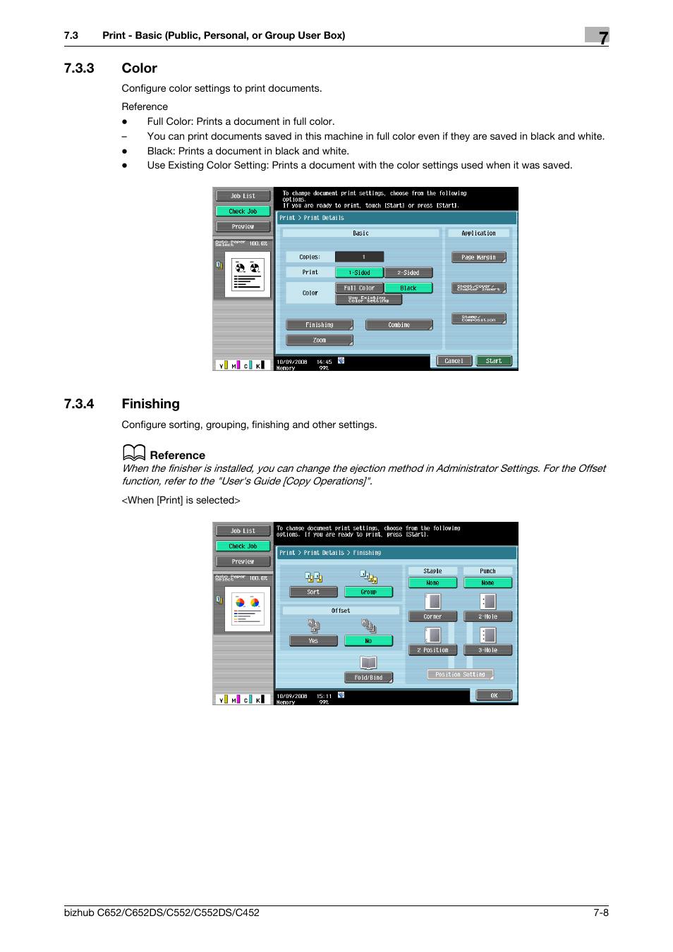 3 color, 4 finishing, Color -8 | Finishing -8, Color (p. 7-8), G (p. 7-8), Color (p. 7-8, Shing (p. 7-8) | Konica Minolta BIZHUB C652DS User Manual | Page 113 / 300