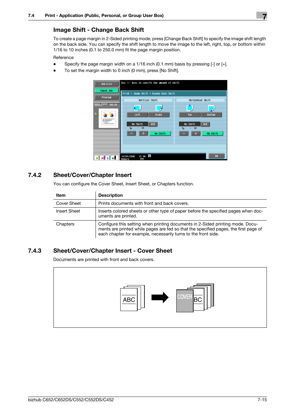 Image shift - change back shift, 2 sheet/cover/chapter insert, 3 sheet/cover/chapter insert - cover sheet | Image shift - change back shift -15, Sheet/cover/chapter insert -15, Sheet/cover/chapter insert - cover sheet -15, P. 7-15) | Konica Minolta BIZHUB C652DS User Manual | Page 120 / 300