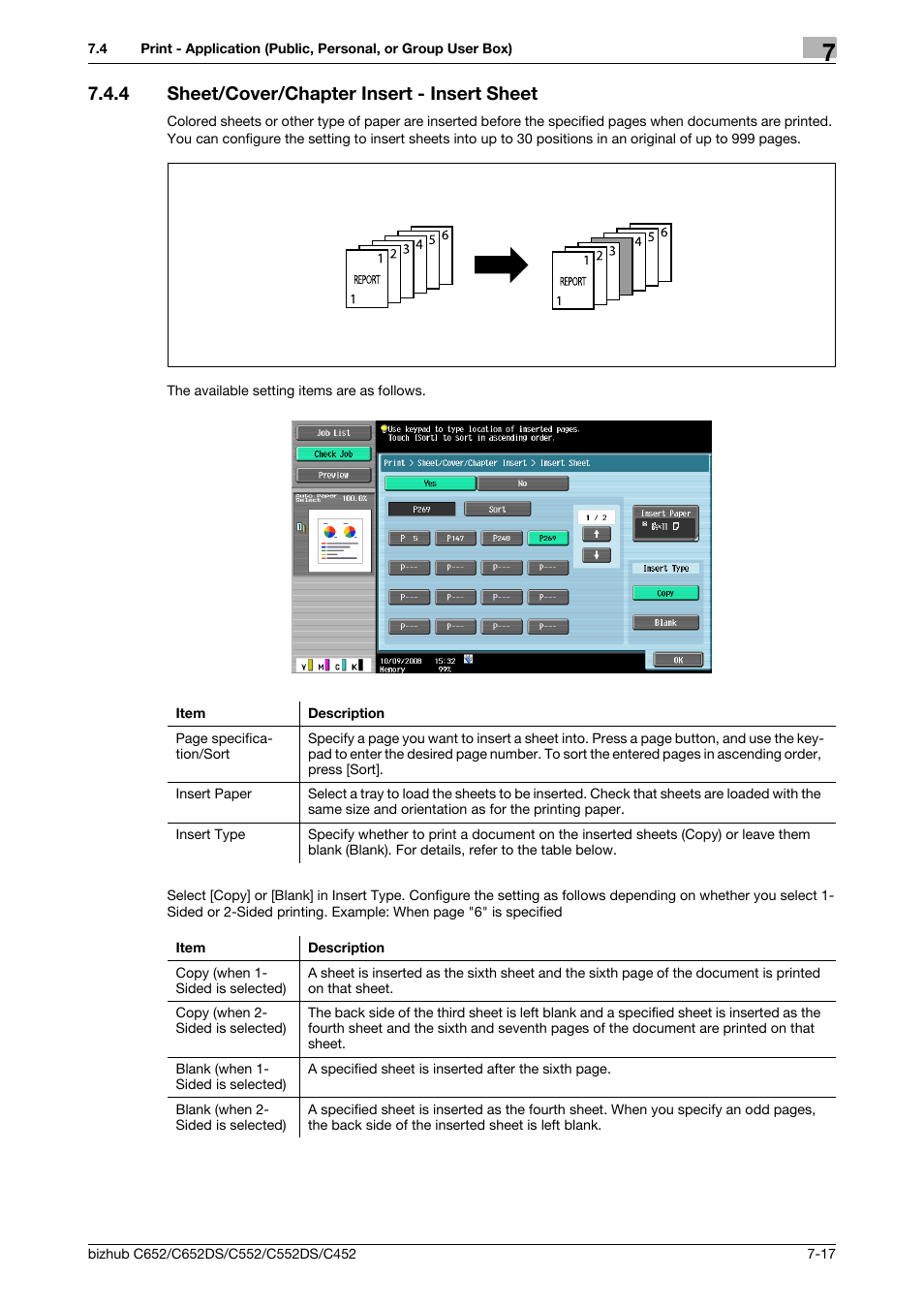 4 sheet/cover/chapter insert - insert sheet, Sheet/cover/chapter insert - insert sheet -17, P. 7-17) | Konica Minolta BIZHUB C652DS User Manual | Page 122 / 300