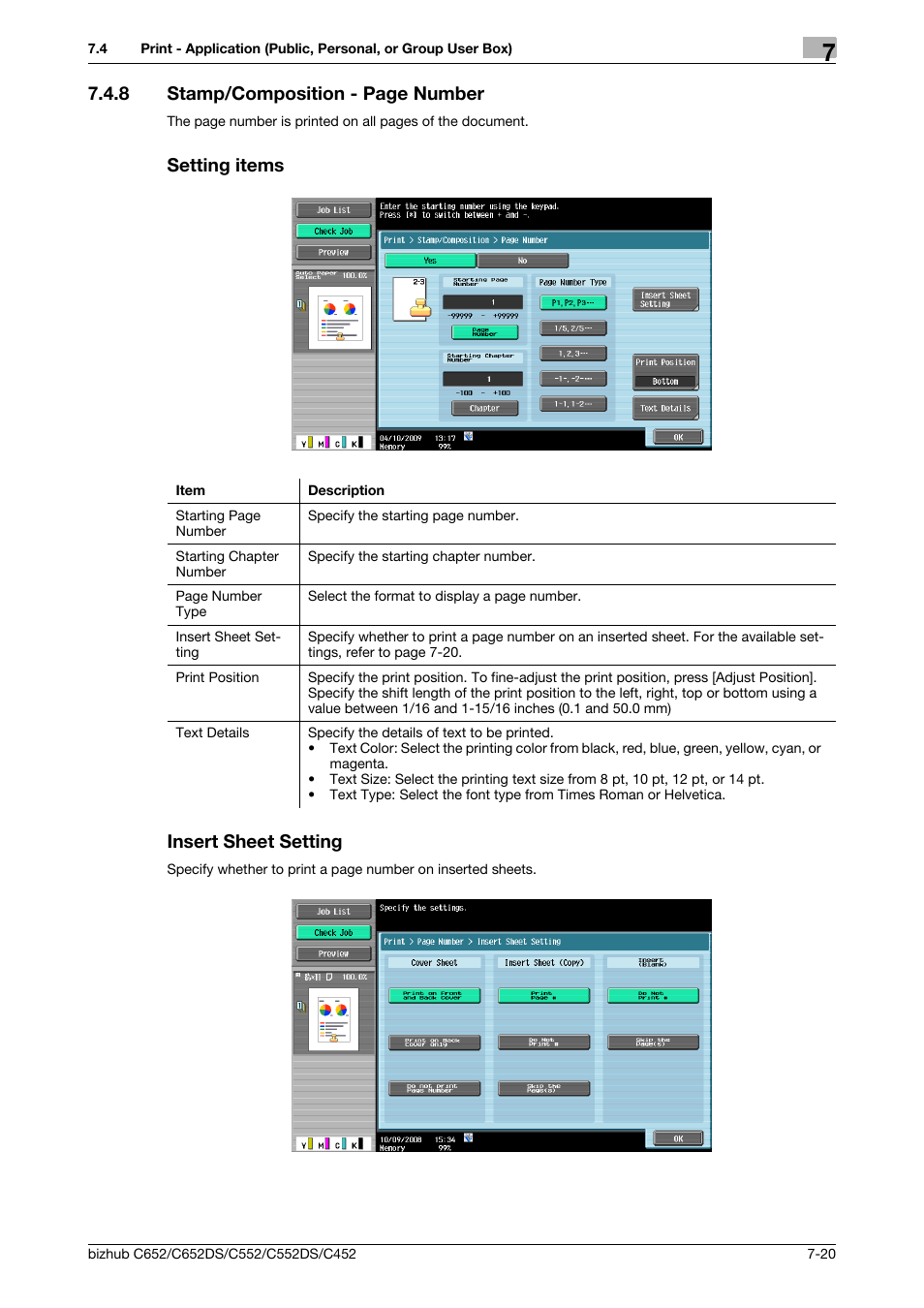 Setting items, Insert sheet setting, P. 7-20) | Ng (p. 7-20), 8 stamp/composition - page number, Setting items insert sheet setting | Konica Minolta BIZHUB C652DS User Manual | Page 125 / 300