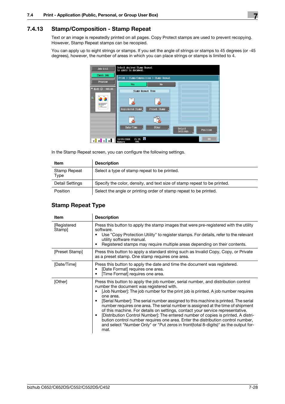 13 stamp/composition - stamp repeat, Stamp repeat type, P. 7-28) | Konica Minolta BIZHUB C652DS User Manual | Page 133 / 300
