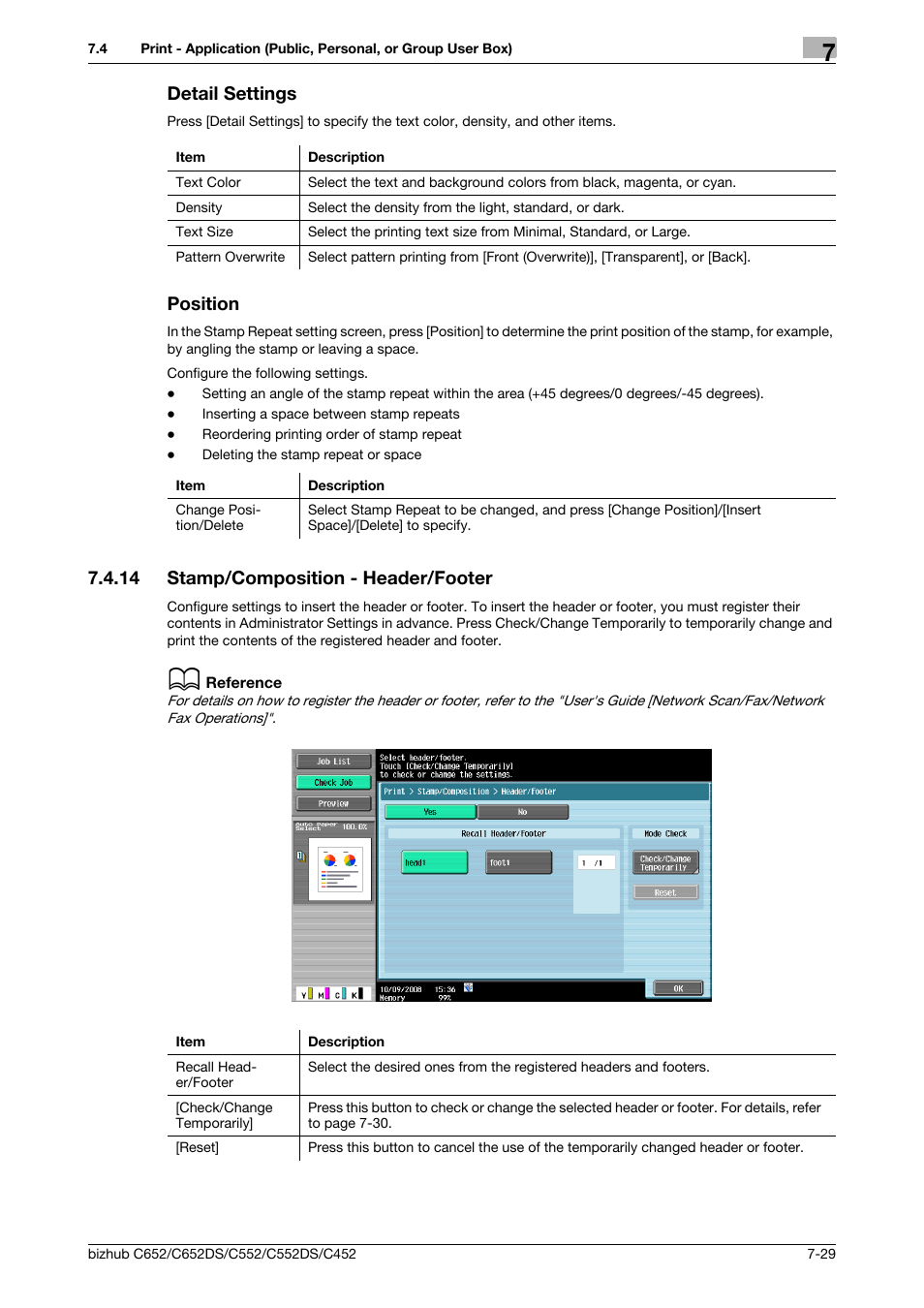 Detail settings, Position, 14 stamp/composition - header/footer | Detail settings -29 position -29, Stamp/composition - header/footer -29, P. 7-29), Tion (p. 7-29) | Konica Minolta BIZHUB C652DS User Manual | Page 134 / 300