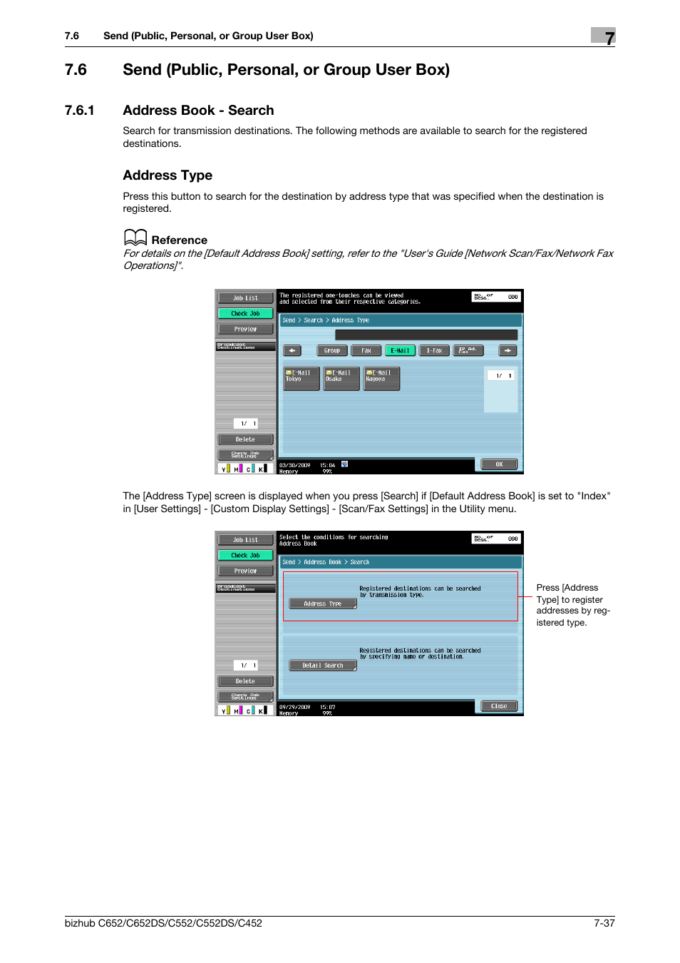 6 send (public, personal, or group user box), 1 address book - search, Address type | Send (public, personal, or group user box) -37, Address book - search -37 address type -37, P. 7-37), Ions. (p. 7-37) | Konica Minolta BIZHUB C652DS User Manual | Page 142 / 300