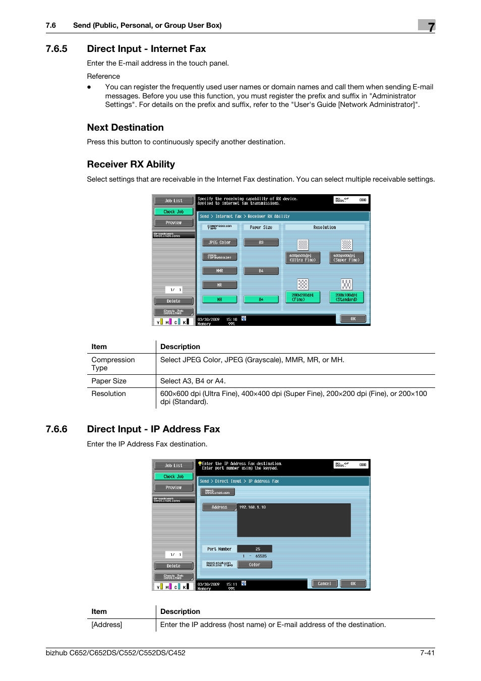 5 direct input - internet fax, Next destination, Receiver rx ability | 6 direct input - ip address fax, Direct input - ip address fax -41, P. 7-41), Nation) (p. 7-41) | Konica Minolta BIZHUB C652DS User Manual | Page 146 / 300