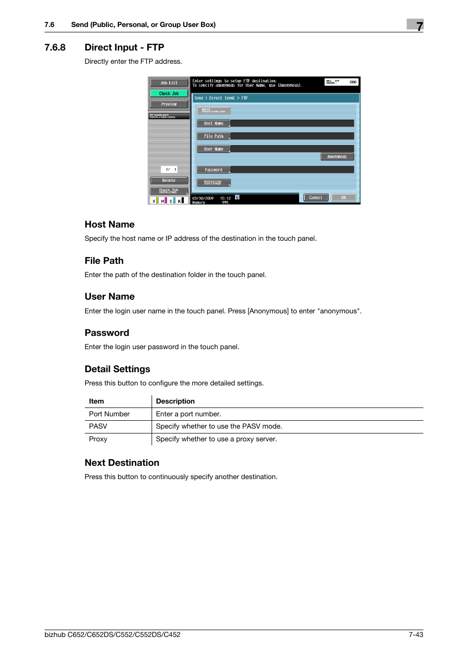 8 direct input - ftp, Host name, File path | User name, Password, Detail settings, Next destination, Ftp (p. 7-43) | Konica Minolta BIZHUB C652DS User Manual | Page 148 / 300