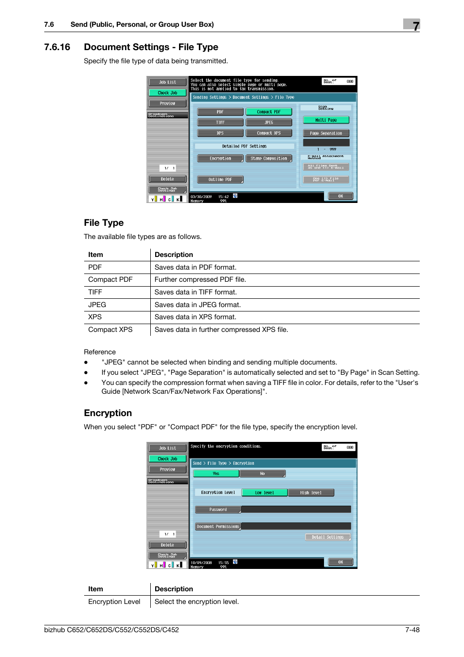 16 document settings - file type, File type, Encryption | P. 7-48), Le type (p. 7-48) | Konica Minolta BIZHUB C652DS User Manual | Page 153 / 300