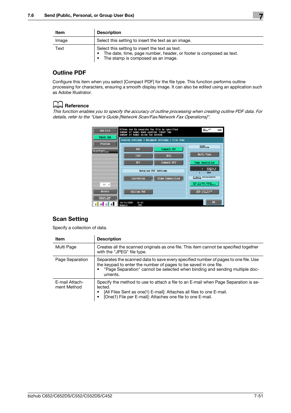 Outline pdf, Scan setting, Outline pdf -51 scan setting -51 | P. 7-51) | Konica Minolta BIZHUB C652DS User Manual | Page 156 / 300