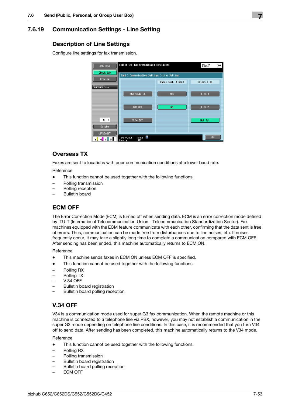 19 communication settings - line setting, Description of line settings, Overseas tx | Ecm off, V.34 off, P. 7-53), V.34 off (p. 7-53 | Konica Minolta BIZHUB C652DS User Manual | Page 158 / 300