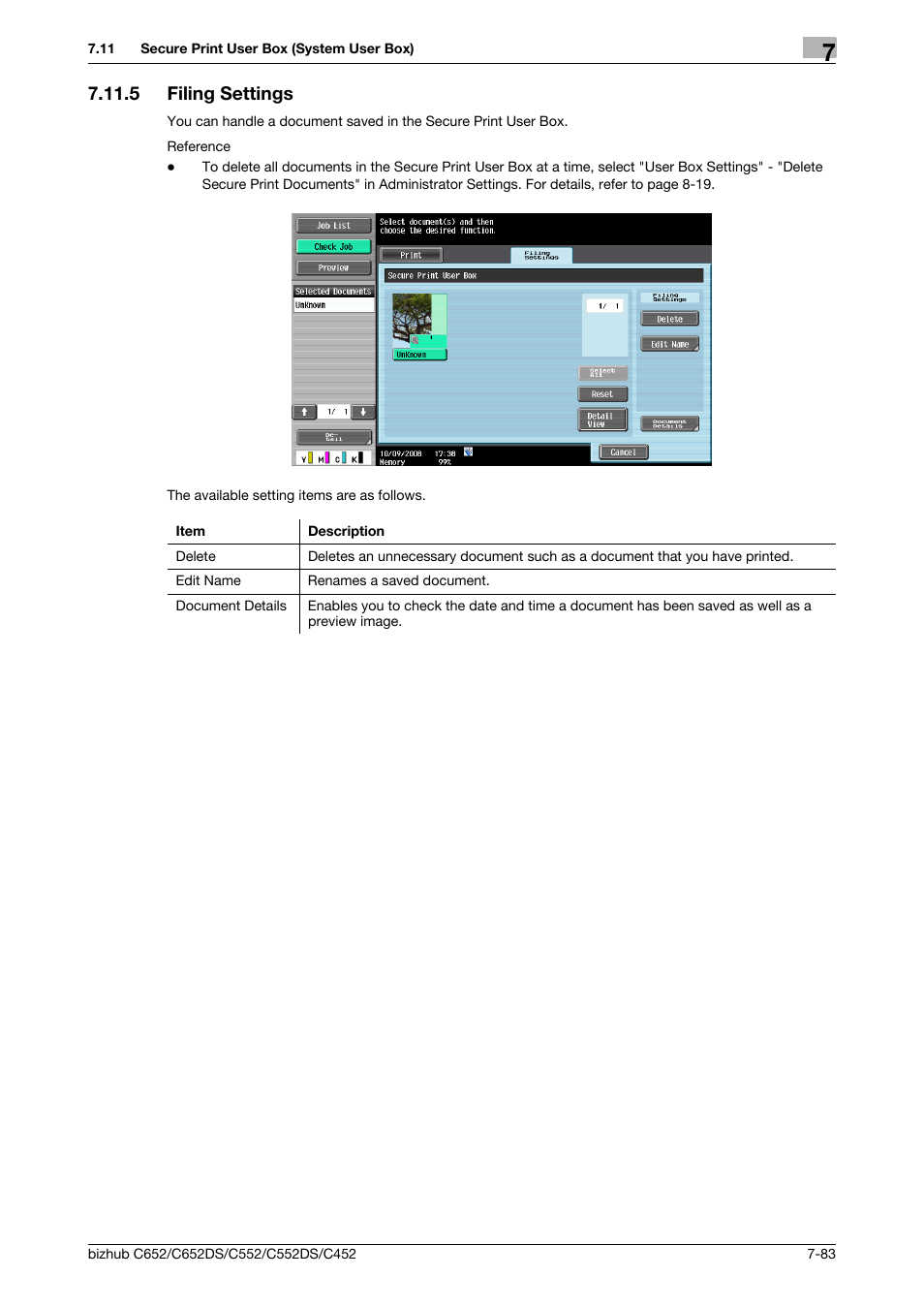 5 filing settings, Filing settings -83, P. 7-83) | Konica Minolta BIZHUB C652DS User Manual | Page 188 / 300