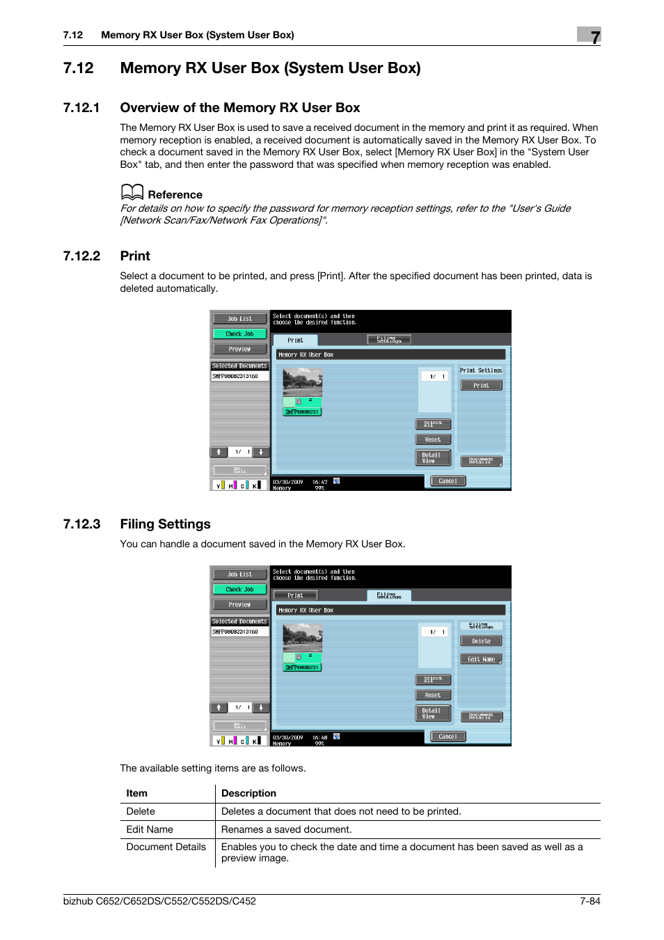 12 memory rx user box (system user box), 1 overview of the memory rx user box, 2 print | 3 filing settings, Memory rx user box (system user box) -84, Overview of the memory rx user box -84, Print -84, Filing settings -84, P. 7-84, T (p. 7-84) | Konica Minolta BIZHUB C652DS User Manual | Page 189 / 300