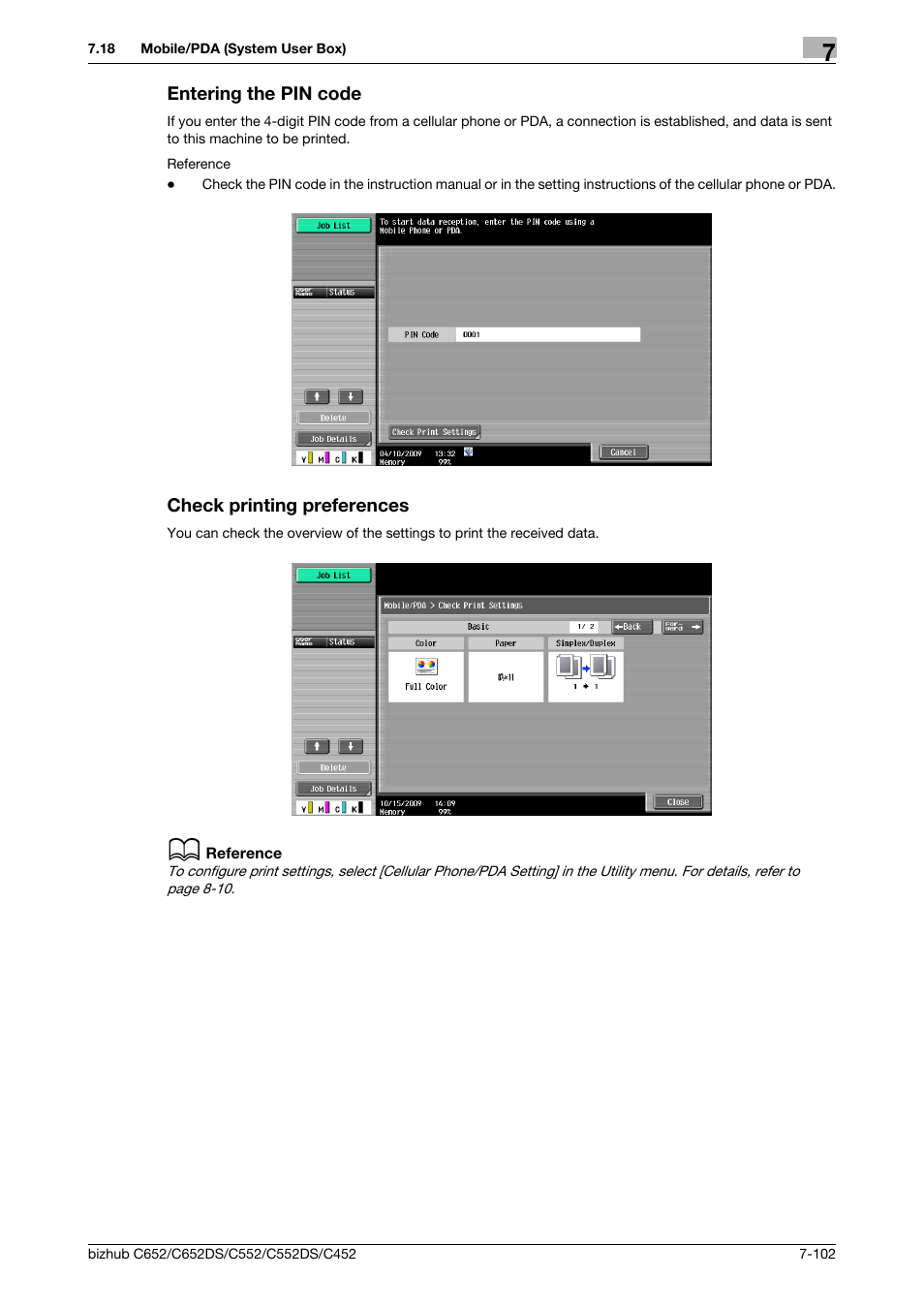 Entering the pin code, Check printing preferences, Check print settings (p. 7-102) | Konica Minolta BIZHUB C652DS User Manual | Page 207 / 300