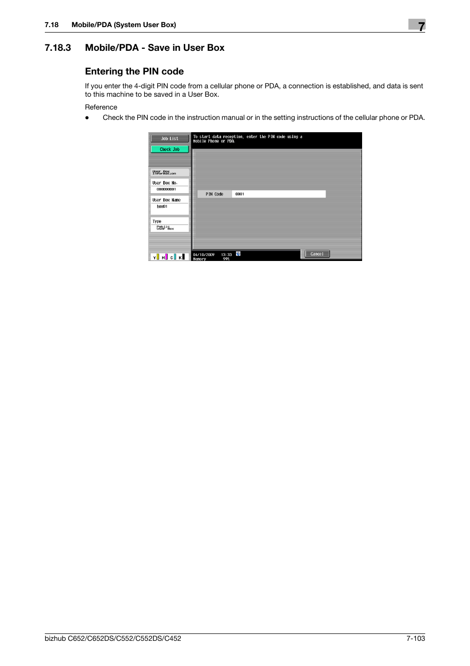 3 mobile/pda - save in user box, Entering the pin code, P. 7-103) | Konica Minolta BIZHUB C652DS User Manual | Page 208 / 300