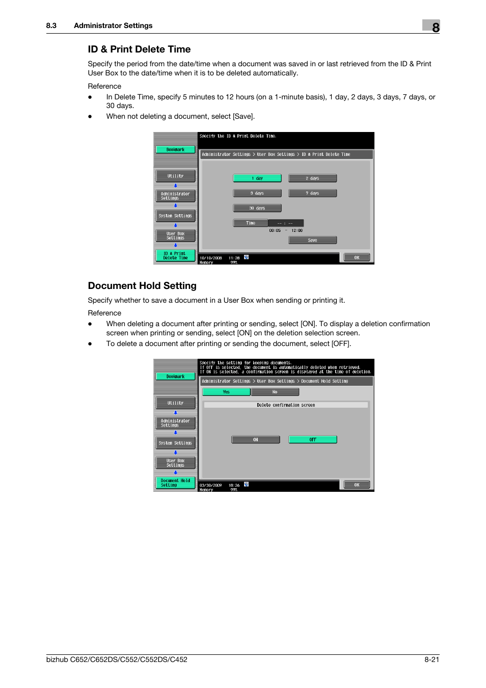 Id & print delete time, Document hold setting, Te time (p. 8-21) | P. 8-21) | Konica Minolta BIZHUB C652DS User Manual | Page 229 / 300