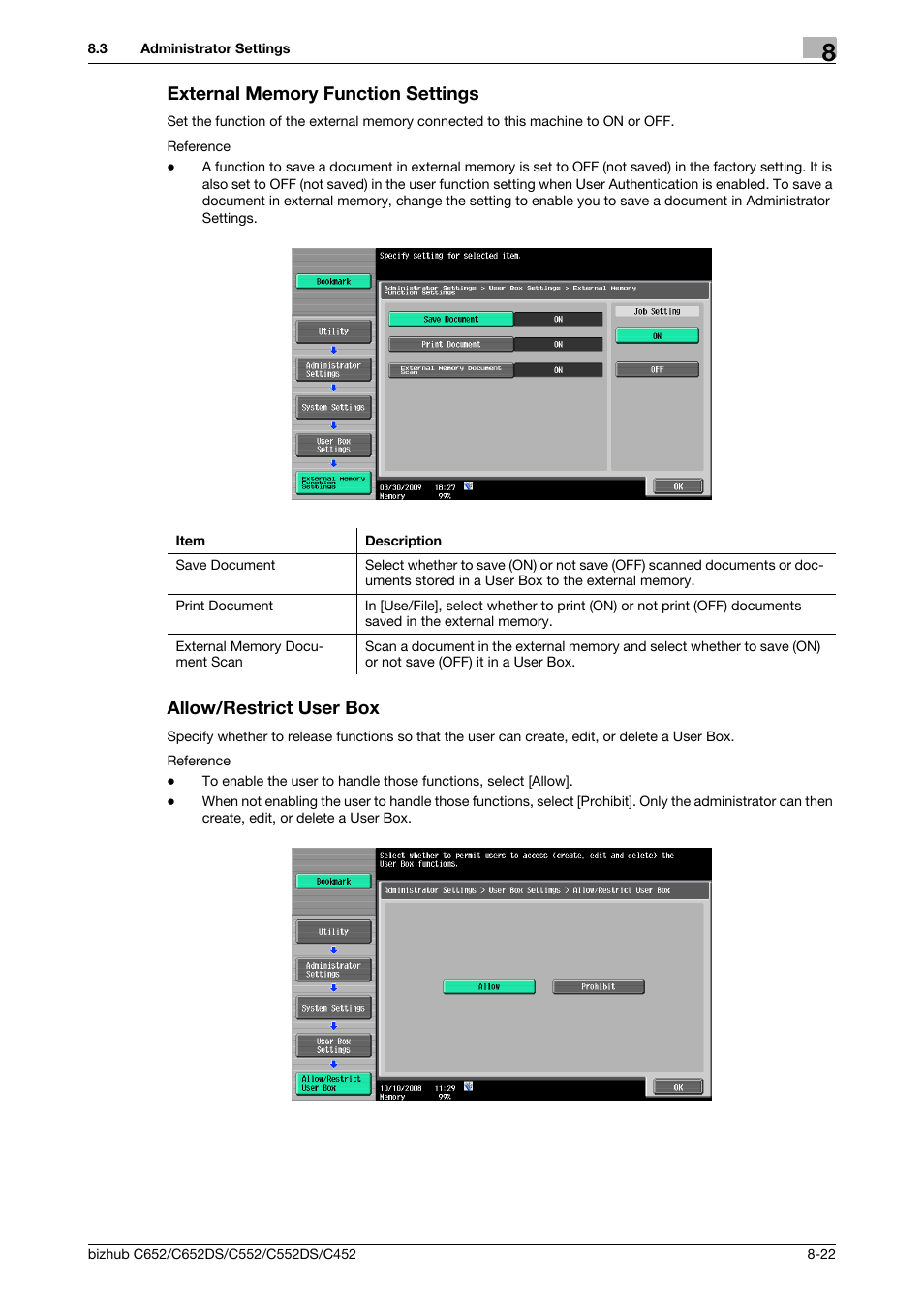 External memory function settings, Allow/restrict user box, S (p. 8-22) | Box (p. 8-22) | Konica Minolta BIZHUB C652DS User Manual | Page 230 / 300