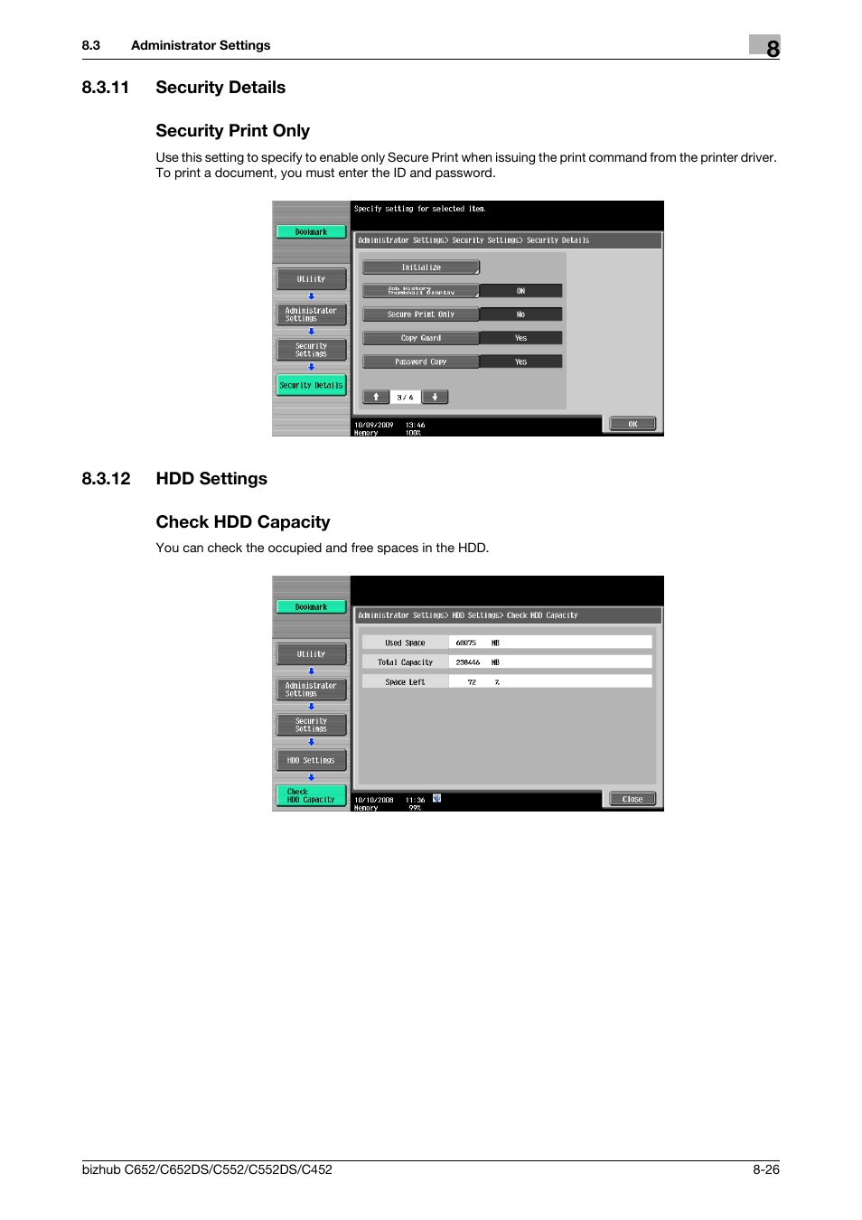 11 security details, Security print only, 12 hdd settings | Check hdd capacity, Security details -26 security print only -26, Hdd settings -26 check hdd capacity -26, Ly(p. 8-26), P. 8-26 | Konica Minolta BIZHUB C652DS User Manual | Page 234 / 300