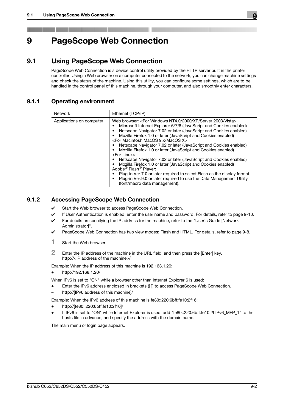 1 operating environment, Operating environment -2, 9pagescope web connection | 1 using pagescope web connection | Konica Minolta BIZHUB C652DS User Manual | Page 241 / 300