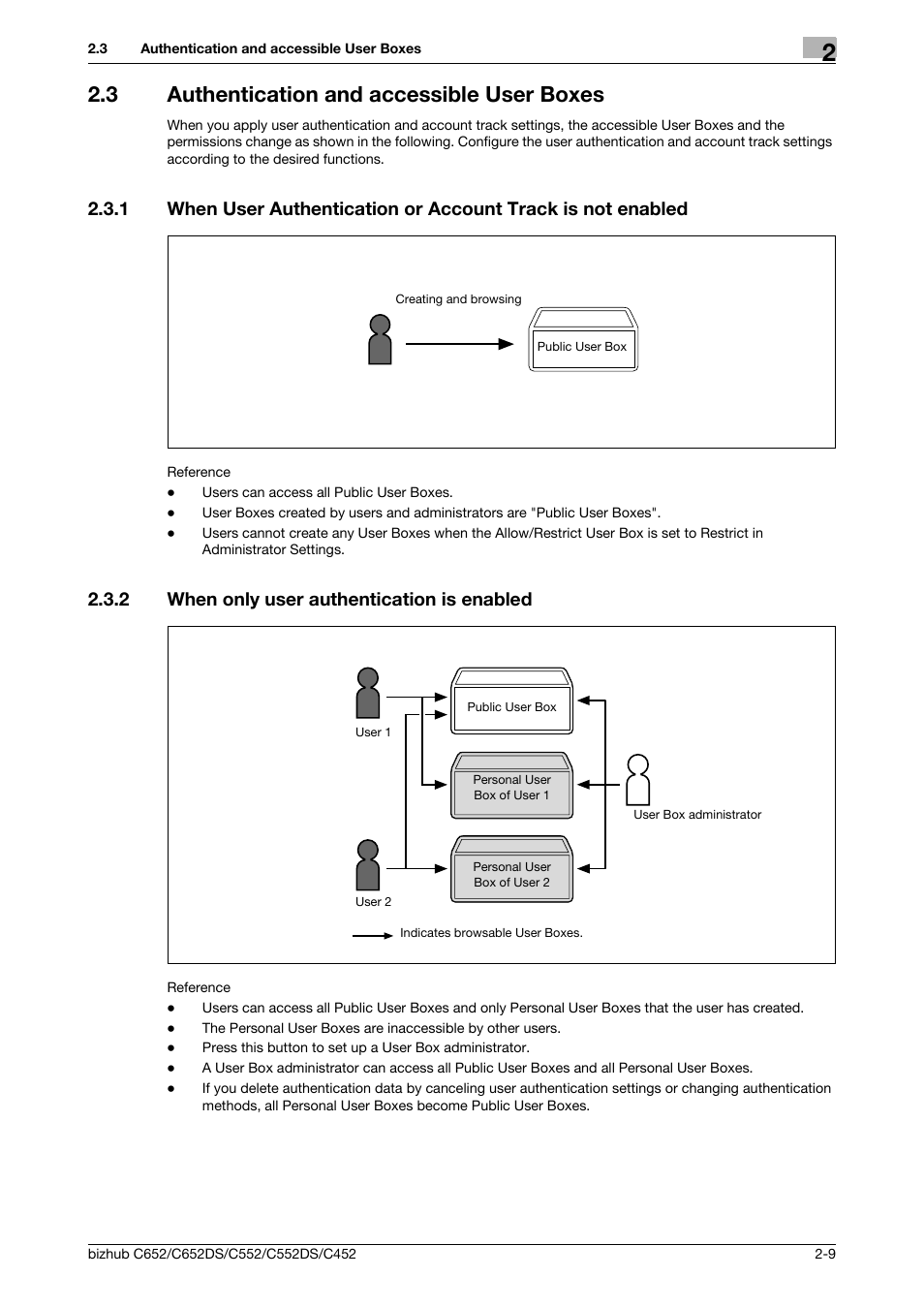 3 authentication and accessible user boxes, 2 when only user authentication is enabled, Authentication and accessible user boxes -9 | When only user authentication is enabled -9 | Konica Minolta BIZHUB C652DS User Manual | Page 26 / 300