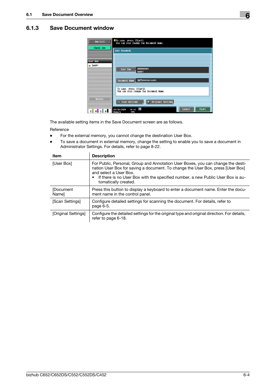 3 save document window, Save document window -4, User box (p. 6-4 | Document name (p. 6-4), P. 6-4), X (p. 6-4) | Konica Minolta BIZHUB C652DS User Manual | Page 90 / 300