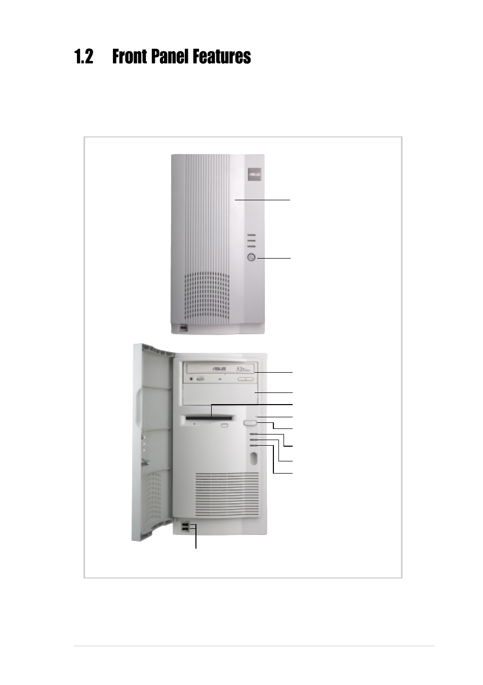 2 front panel features | Asus Pentium 4 Pedestal Server AP130-D User Manual | Page 15 / 40