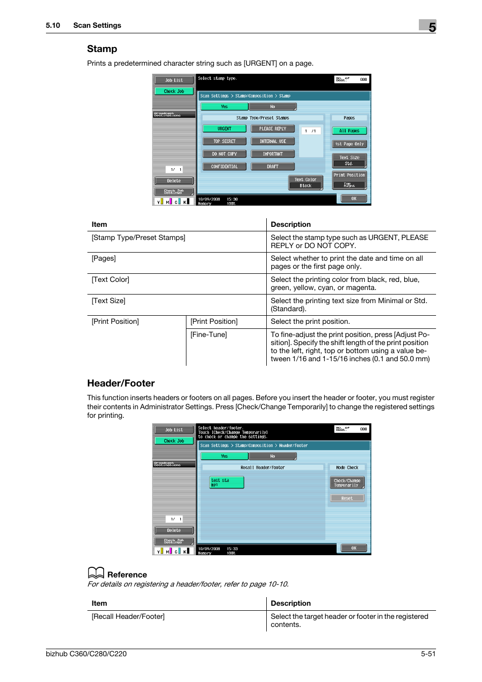 Stamp, Header/footer, Stamp -51 header/footer -51 | Stamp] (p. 5-51), P. 5-51) | Konica Minolta BIZHUB C360 User Manual | Page 102 / 299