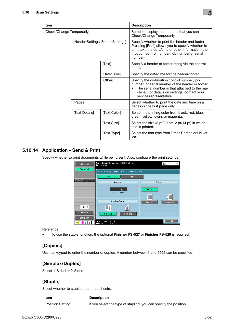 14 application - send & print, Copies, Simplex/duplex | Staple, P. 5-52) | Konica Minolta BIZHUB C360 User Manual | Page 103 / 299