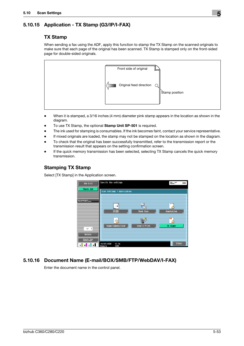 15 application - tx stamp (g3/ip/i-fax), Tx stamp, Stamping tx stamp | 16 document name (e-mail/box/smb/ftp/webdav/i-fax), P. 5-53), Document name] (p. 5-53), 15 application - tx stamp (g3/ip/i-fax) tx stamp | Konica Minolta BIZHUB C360 User Manual | Page 104 / 299