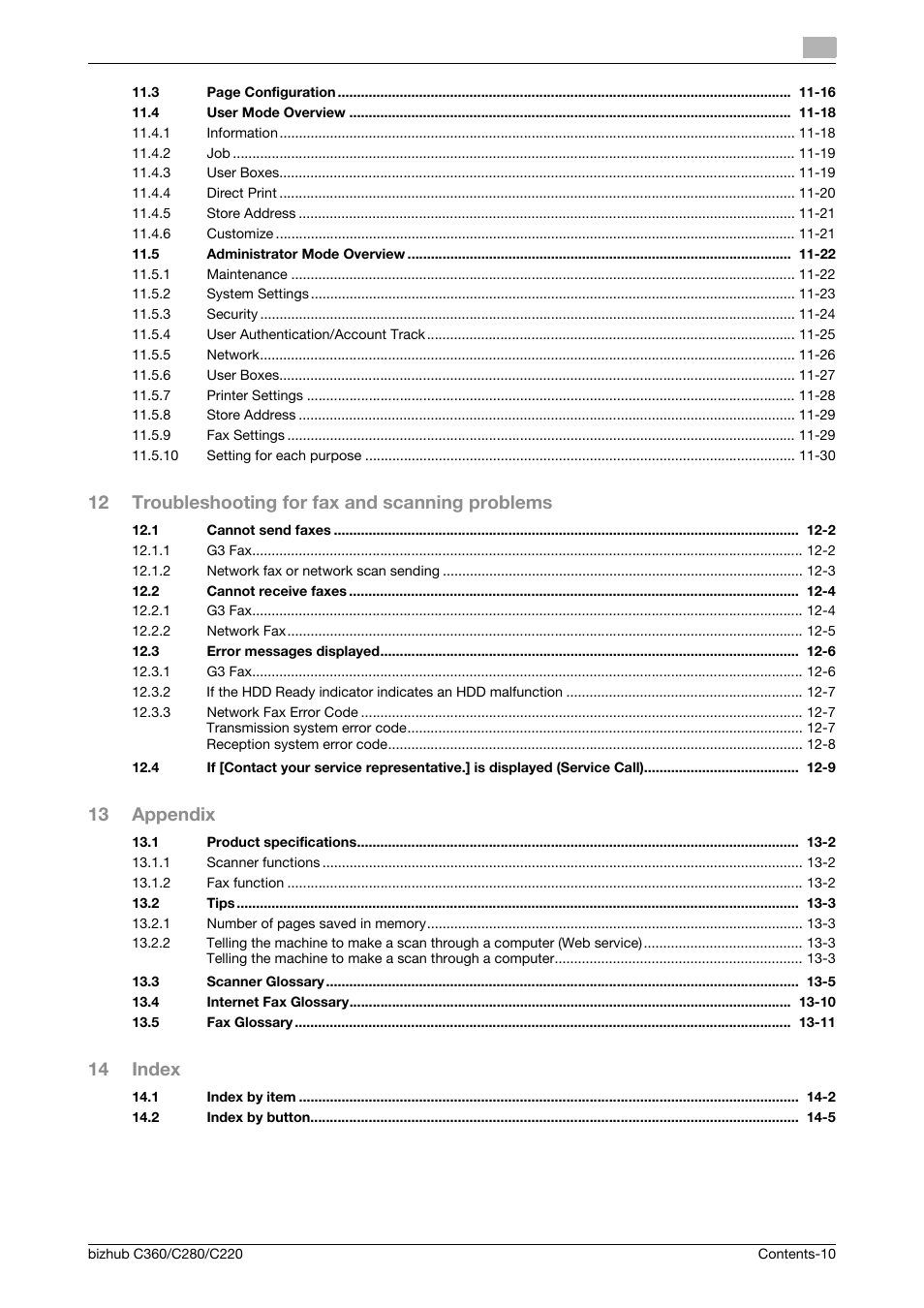 12 troubleshooting for fax and scanning problems, 13 appendix, 14 index | Konica Minolta BIZHUB C360 User Manual | Page 11 / 299