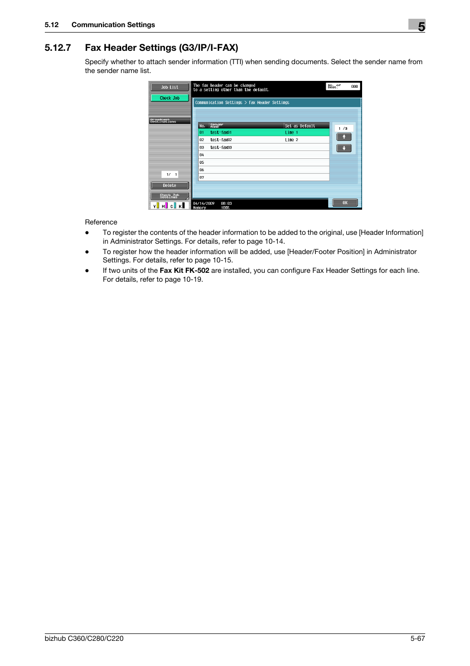 7 fax header settings (g3/ip/i-fax), Fax header settings (g3/ip/i-fax) -67, Ngs] (p. 5-67) | Konica Minolta BIZHUB C360 User Manual | Page 118 / 299