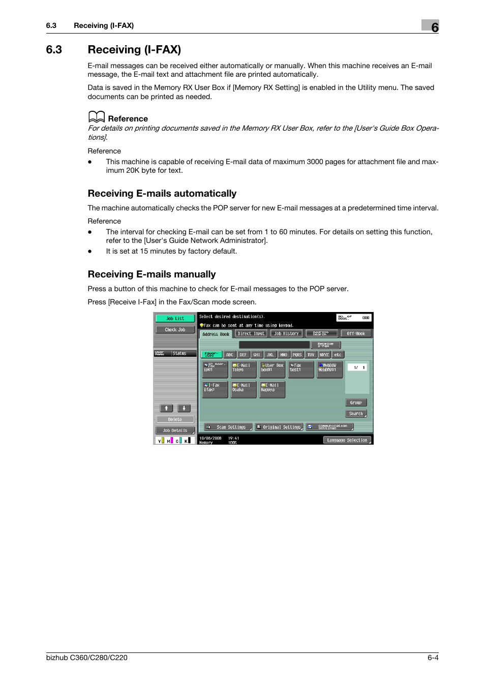 3 receiving (i-fax), Receiving e-mails automatically, Receiving e-mails manually | Konica Minolta BIZHUB C360 User Manual | Page 123 / 299