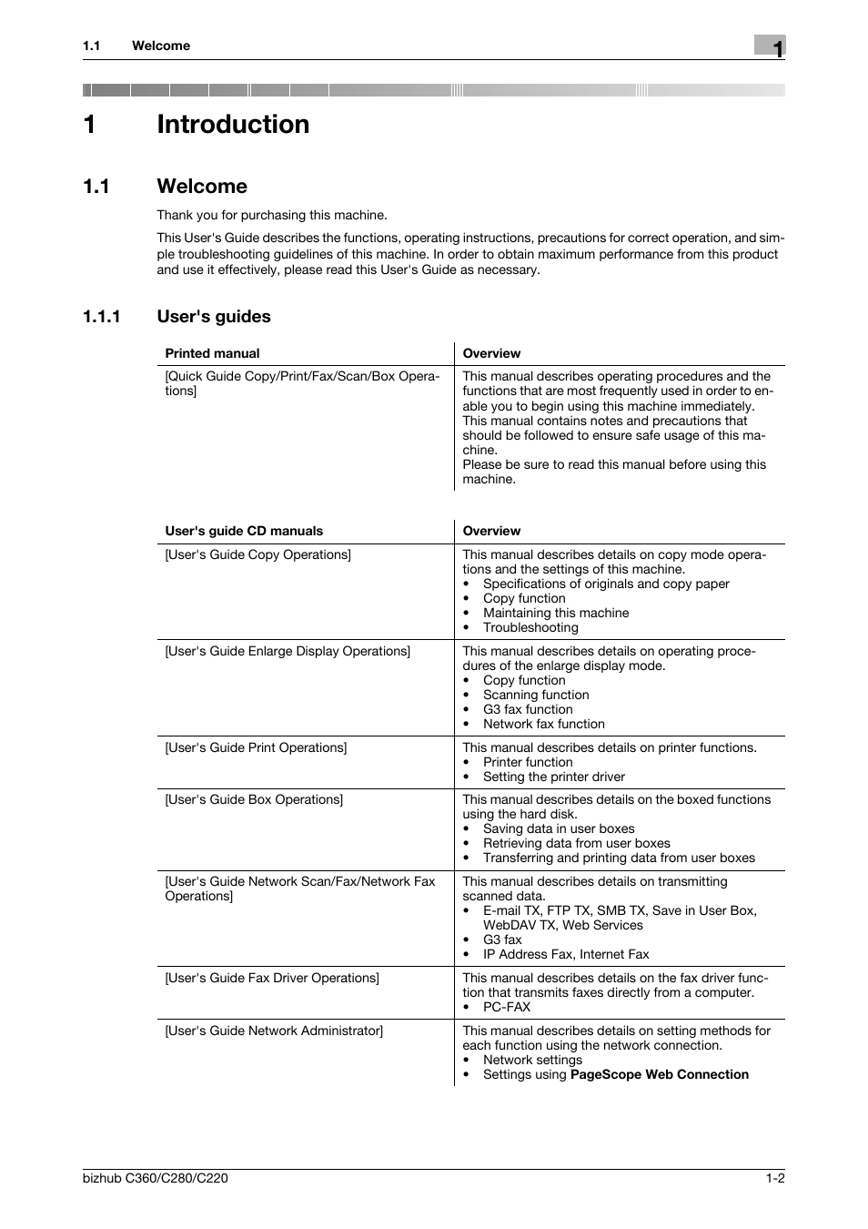 1 introduction, 1 welcome, 1 user's guides | Introduction, Welcome -2, User's guides -2, 1introduction | Konica Minolta BIZHUB C360 User Manual | Page 13 / 299