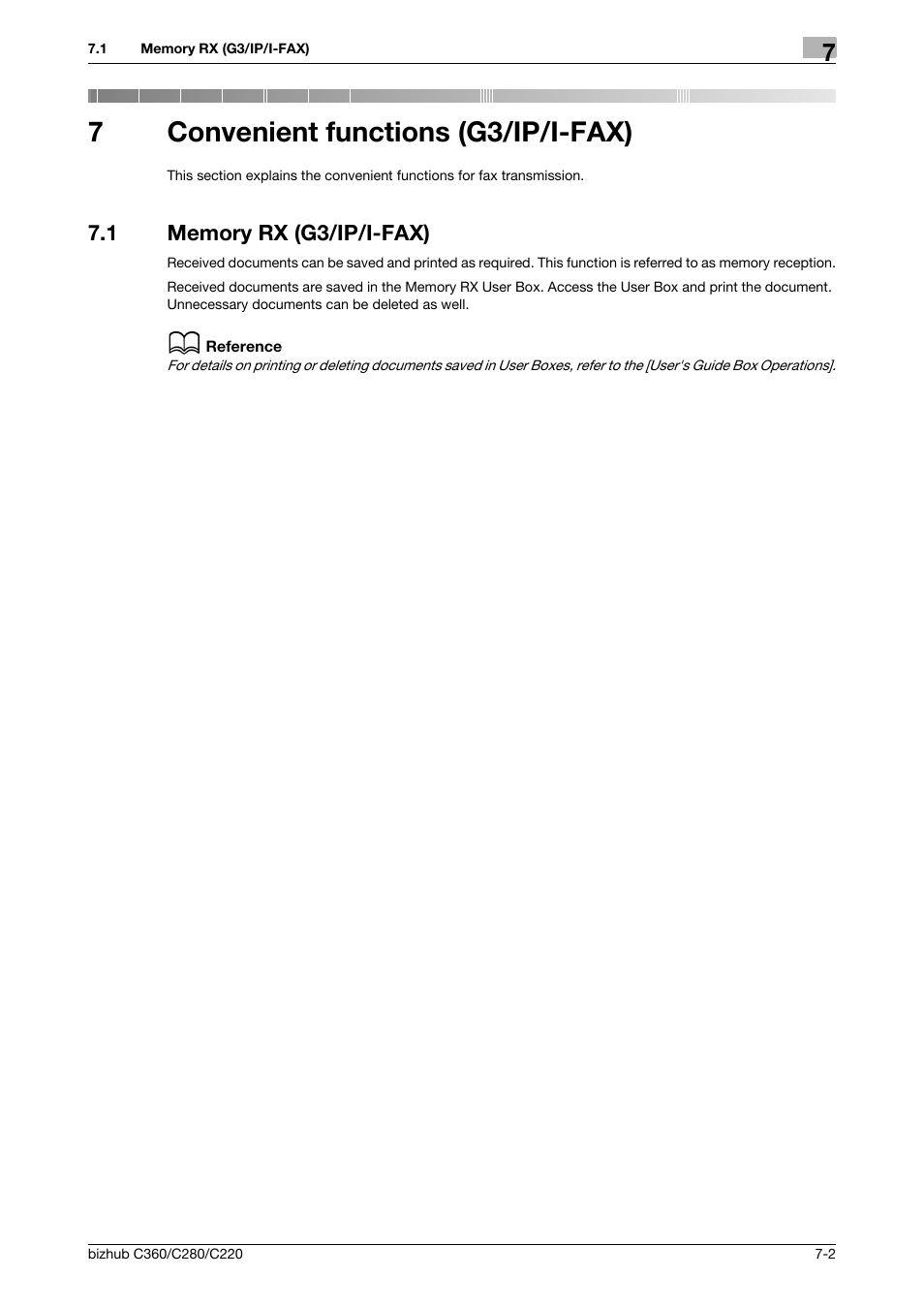 7 convenient functions (g3/ip/i-fax), 1 memory rx (g3/ip/i-fax), Convenient functions (g3/ip/i-fax) | Memory rx (g3/ip/i-fax) -2, 7convenient functions (g3/ip/i-fax) | Konica Minolta BIZHUB C360 User Manual | Page 136 / 299