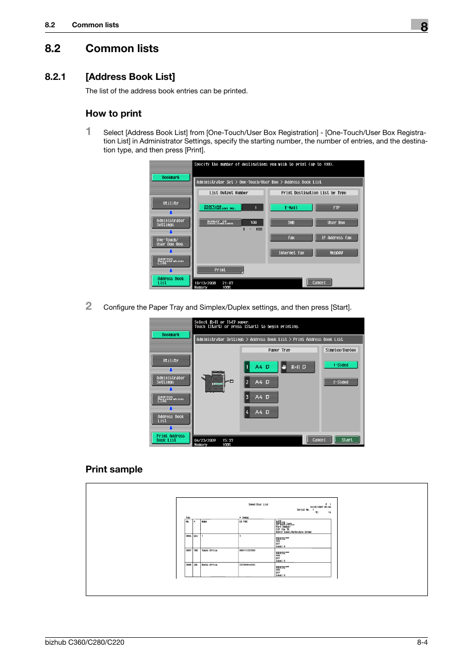 2 common lists, 1 [address book list, How to print | Print sample, Common lists -4 | Konica Minolta BIZHUB C360 User Manual | Page 149 / 299