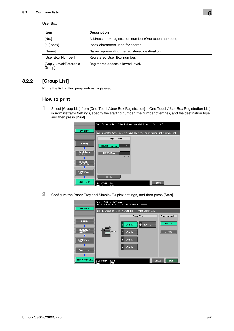 2 [group list, How to print, Group list] -7 how to print -7 | Konica Minolta BIZHUB C360 User Manual | Page 152 / 299